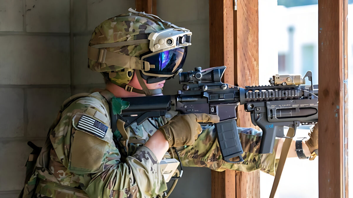 A soldier puts on an assault rifle in urban combat with the AR headset IVAS.