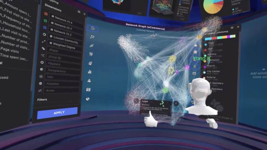 An avatar observes various screens and visualized data points in virtual reality.
