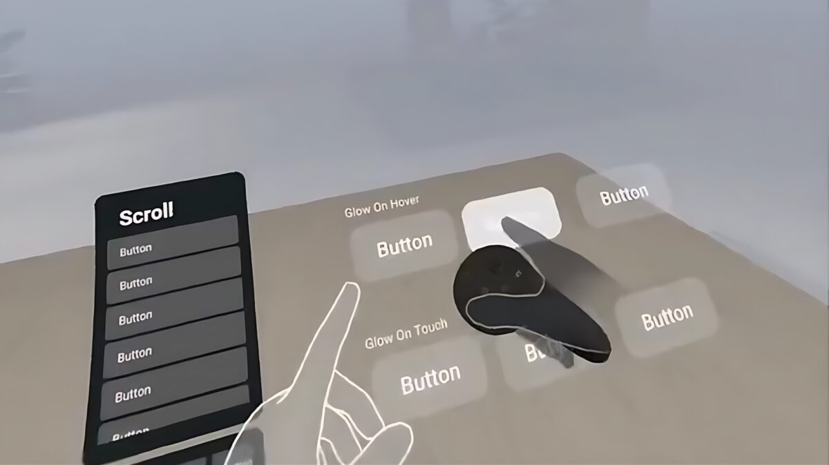 One virtual hand operates buttons in VR, the other a controller.