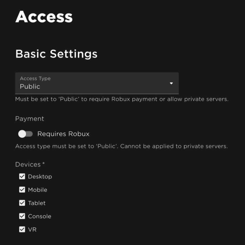 Roblox settings for Quest and VR headsets.
