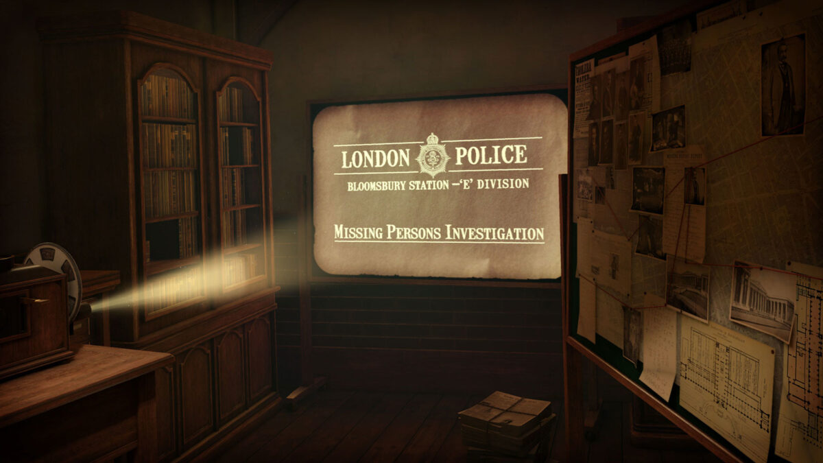 Slide projection of police investigation in a dark room in VR game The Room: A Dark Matter