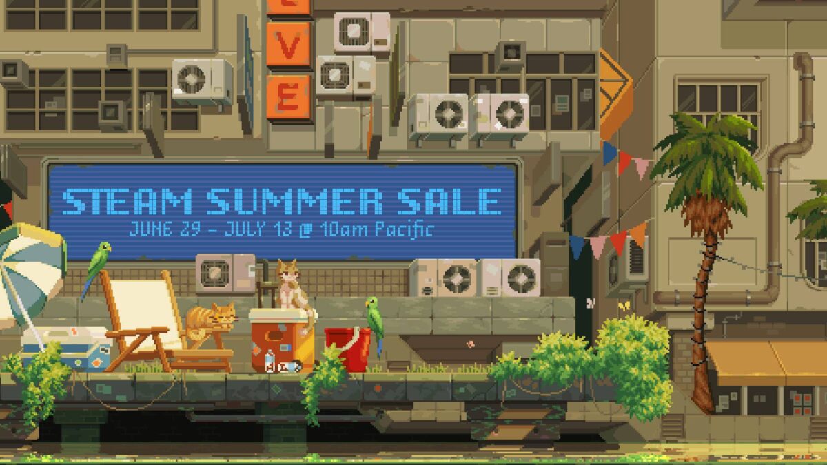 Pixel art image of a summer town in the Steam Summer Sale.