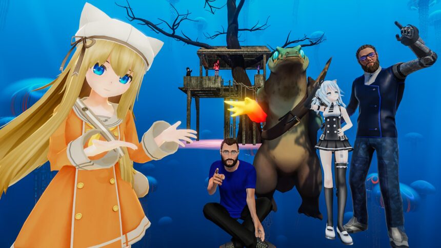 A group of VRchat avatars pose for the camera.
