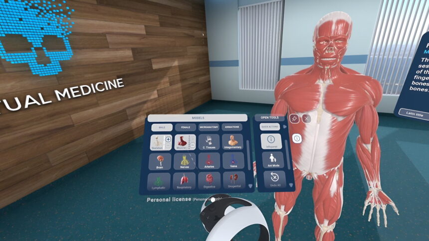 The main menu showing the 14 body systems to choose from. Next to it the 3D model of the body.