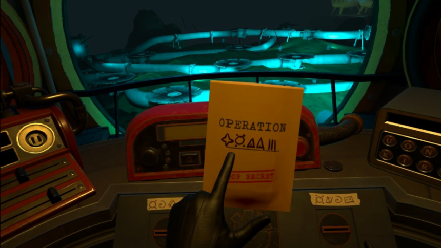 Agent Phoenix reads an envelope with mysterious symbols in the VR game I Expect You To Die 3.
