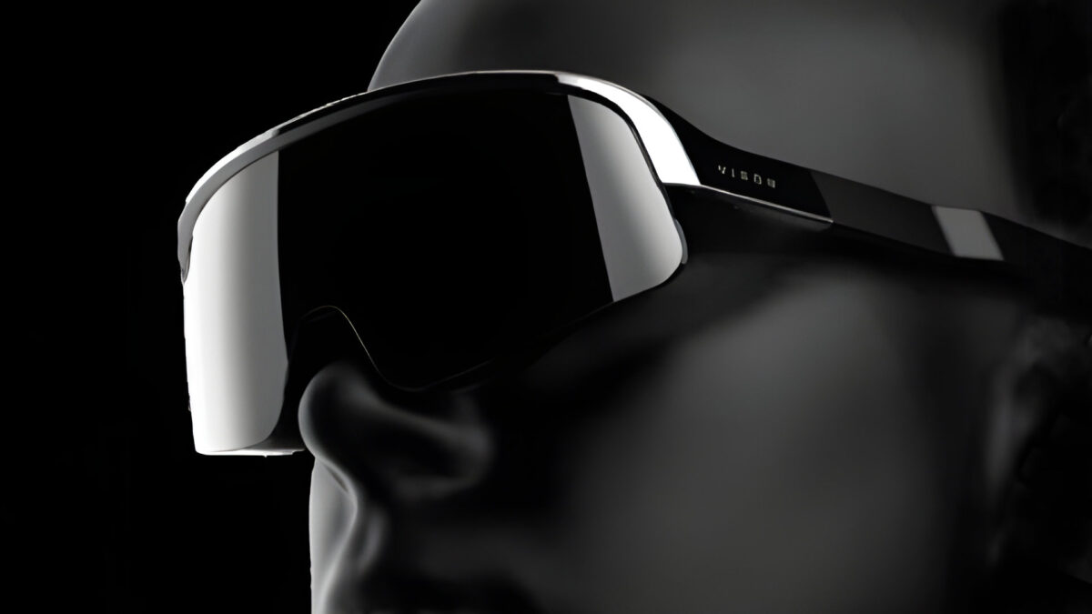 Immersed Visor render, worn, from three-quarters profile.