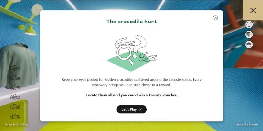 An invitation to Lacoste virtual store visitors to hunt for crocodiles.