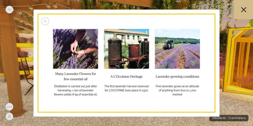 Information about lavender farming presented in the L'Occitane virtual world.
