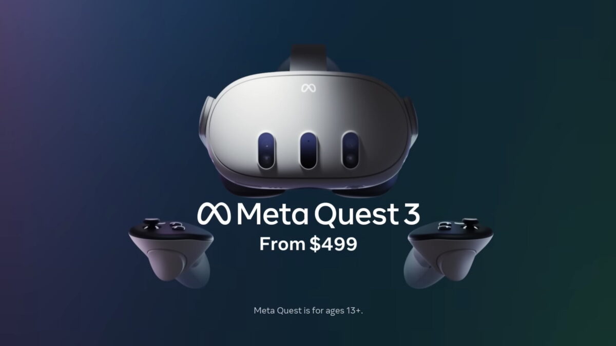 Meta Quest 3 with Touch Plus controllers in penumbra against a dark background.