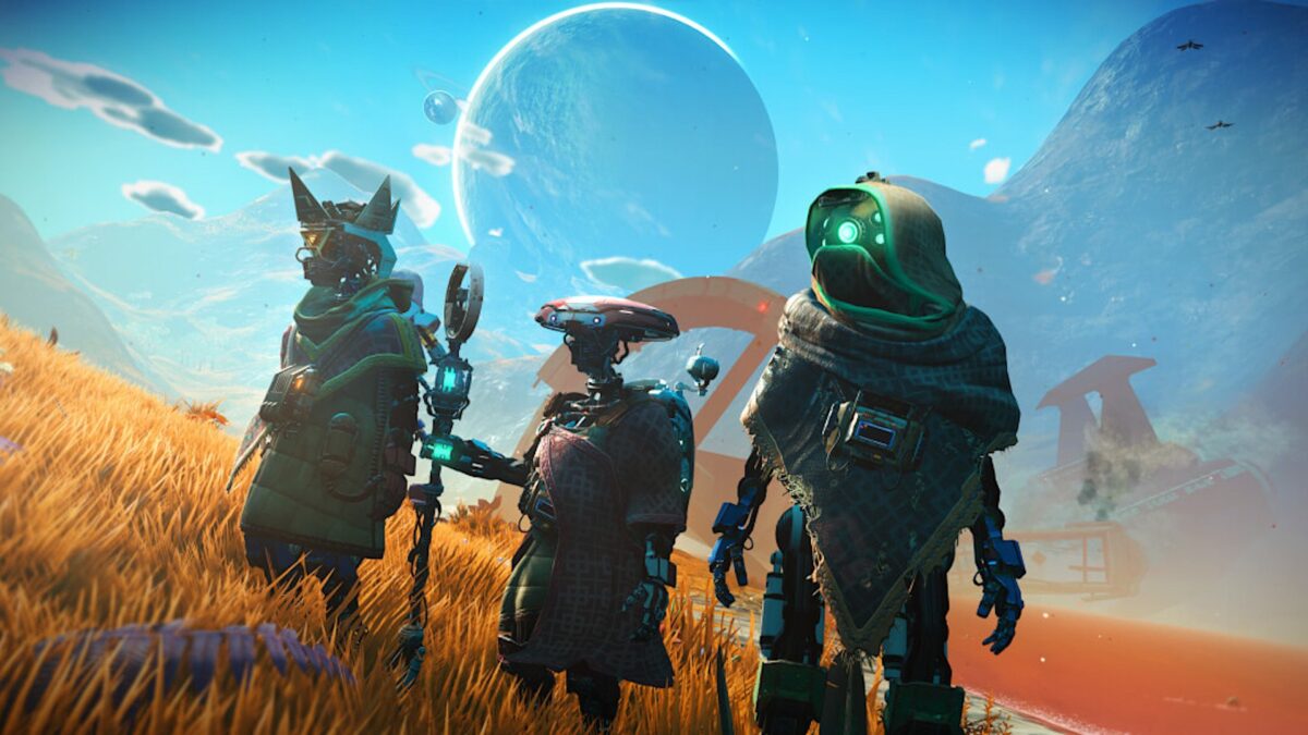 Three strange looking alien robots in front of spectacular planetary scenery.