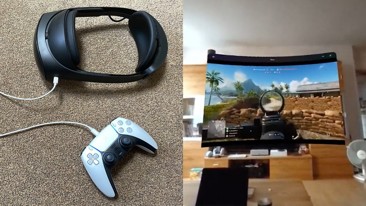 Left half of the picture: DualSense controller connected to a Quest Pro. Right half of the picture: Xbox Game Pass streamed to a virtual screen.