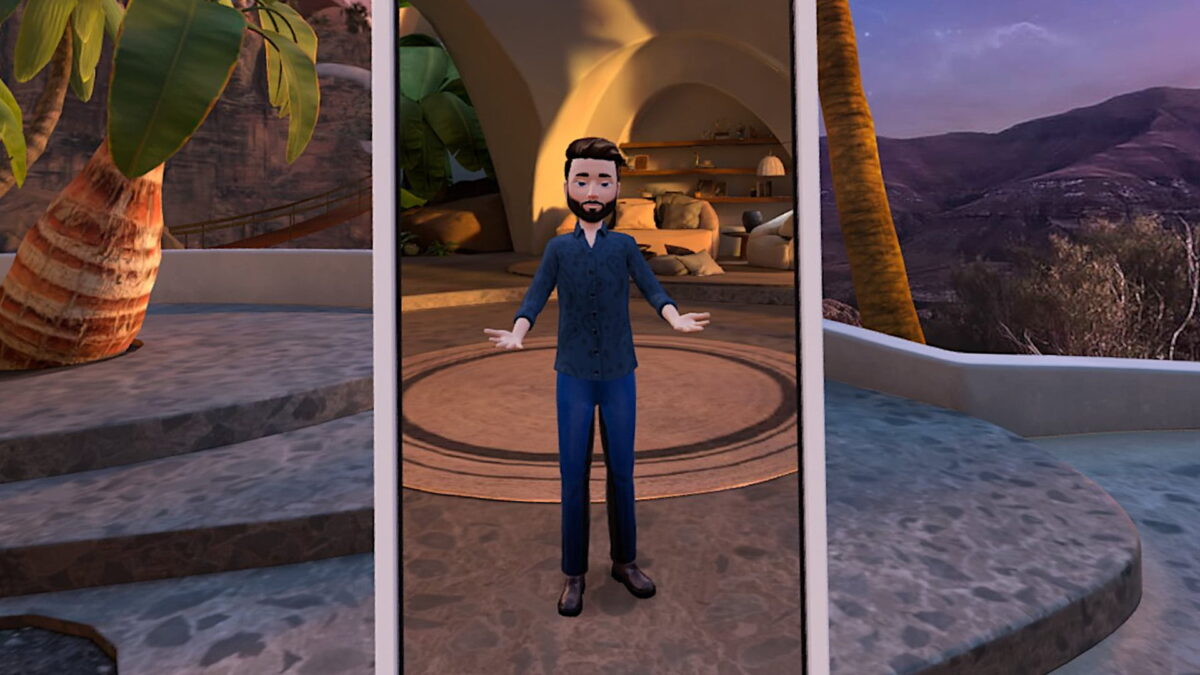 Mirror image of male avatar with legs in home environment.