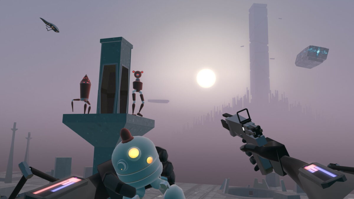 Two robot opponents on a tower in front of a bright blinding star.