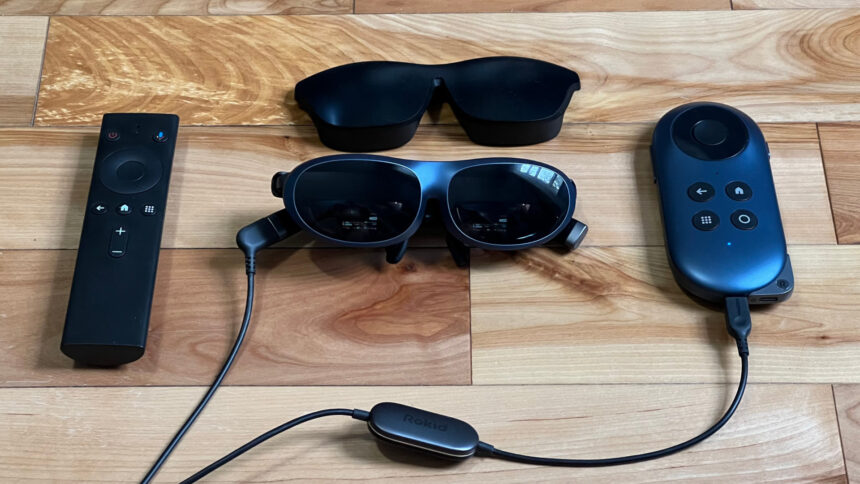 The Rokid Max plus Station bundle includes sun shades, a cable, and remote control.