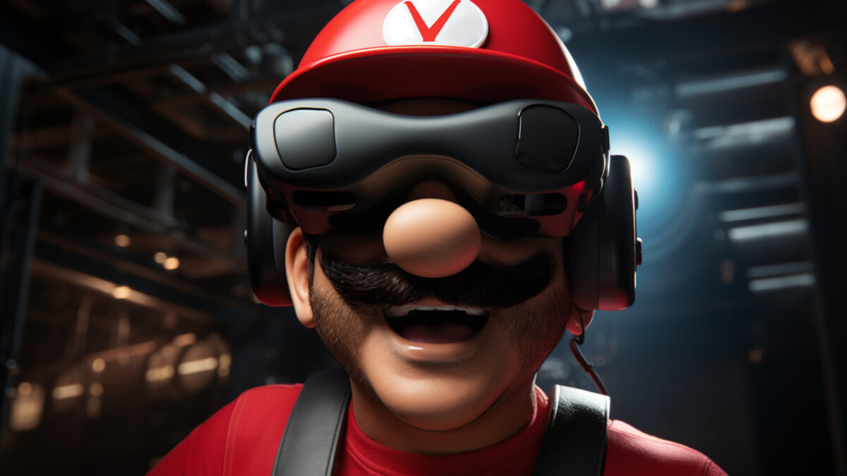 A Midjourney render of a Mario-like character with a V helmet, wearing a VR headset.