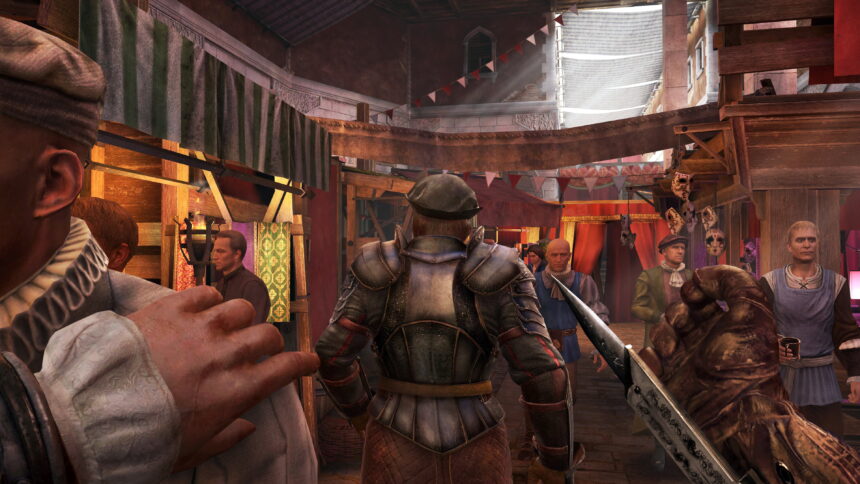 Ezio follows a capo in the crowded streets of venice, trying not to attract attention.