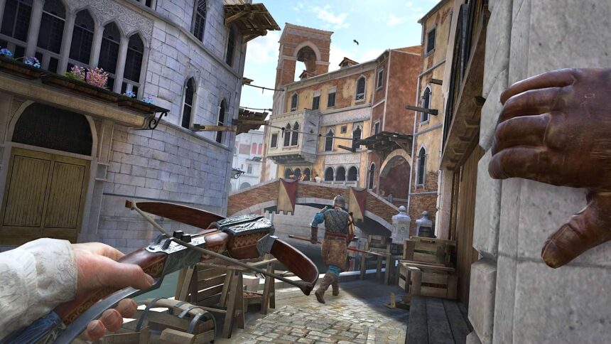 The hero draws in a Venetian alley with a crossbow.