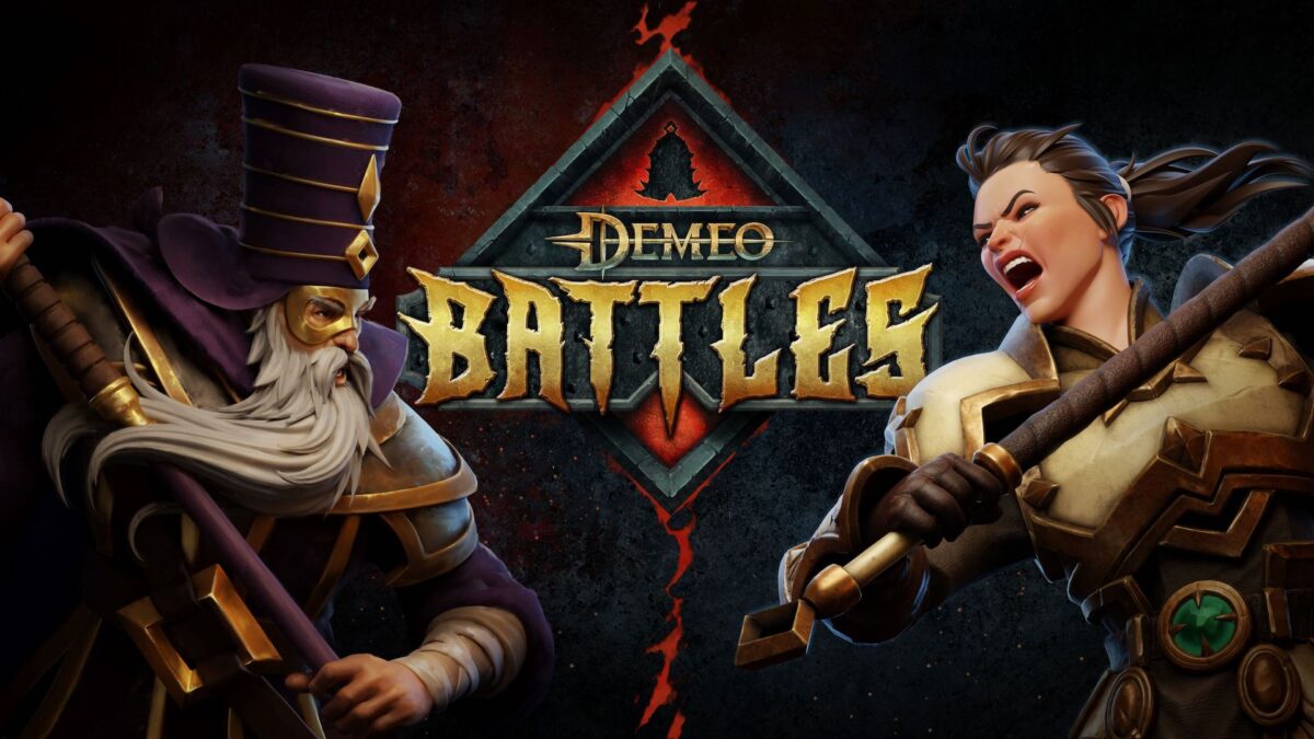 Demeo Battles logo with artwork of a wizard and a warrior woman on the sides.