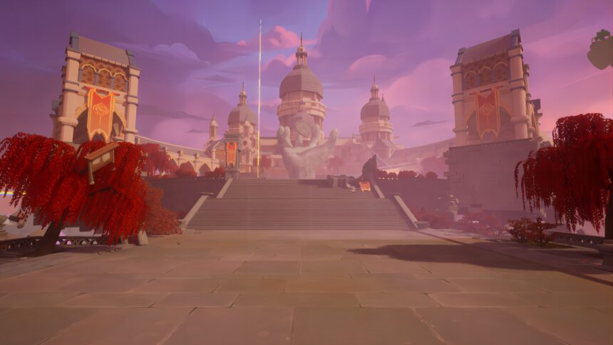 A magical city in the VR game Drakheir with imposing towers and a grand staircase.