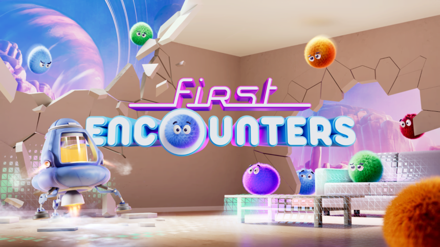 The cover of the mixed reality game First Encounters for the Meta Quest 3 shows colorful, fuzzy creatures and a robot.