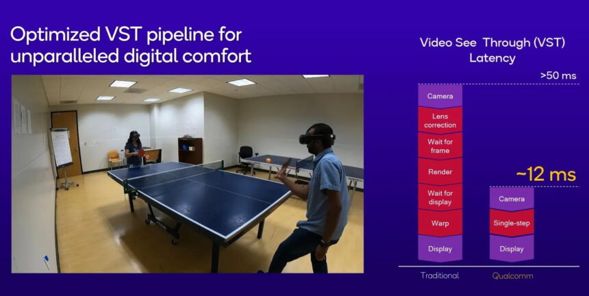 Two people with the Qualcomm reference design play table tennis.