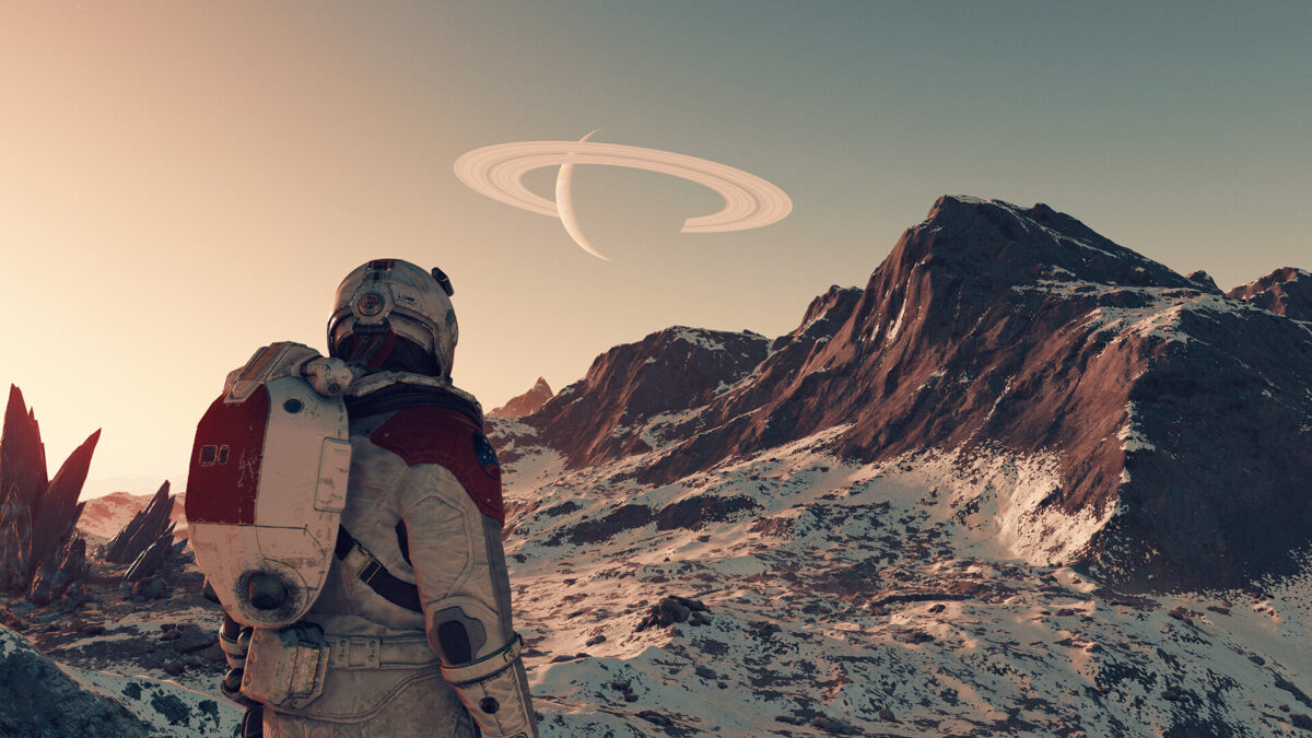 A clip from the role-playing game Starfield, in which an astronaut looks down on a mountain range on a rocky planet.