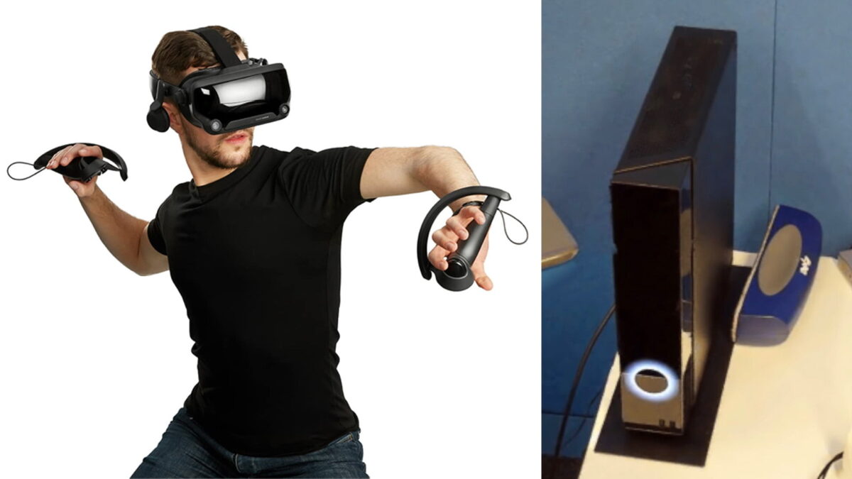 Man playing with Valve Index. On the right is the image of an unknown console.