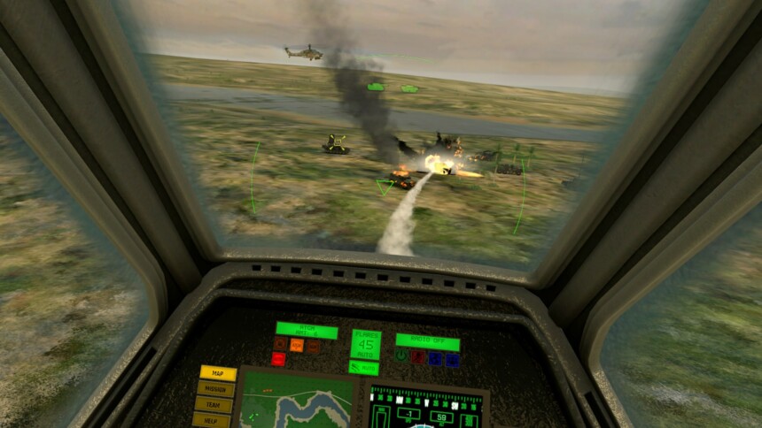 Cockpit view on a battlefield.