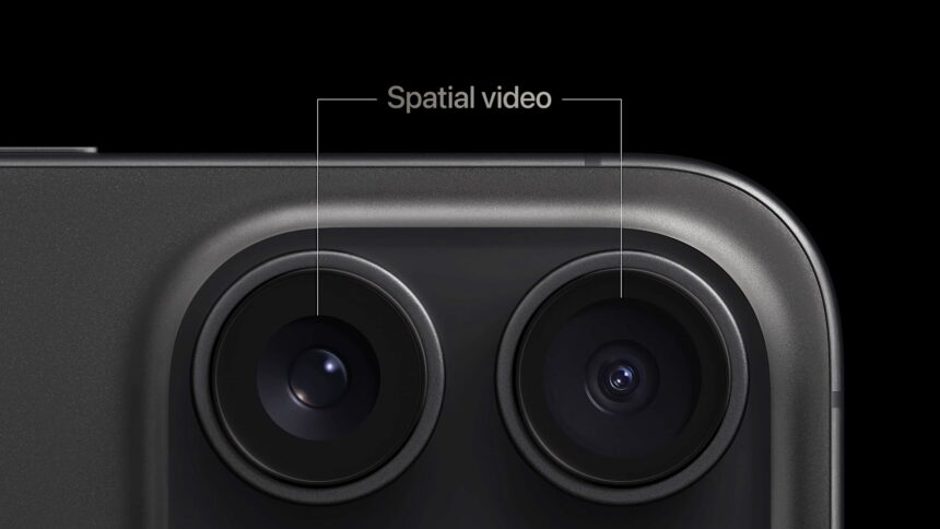 Detail shot of the iPhone 15 Pro's cameras, which are responsible for spatial videos.