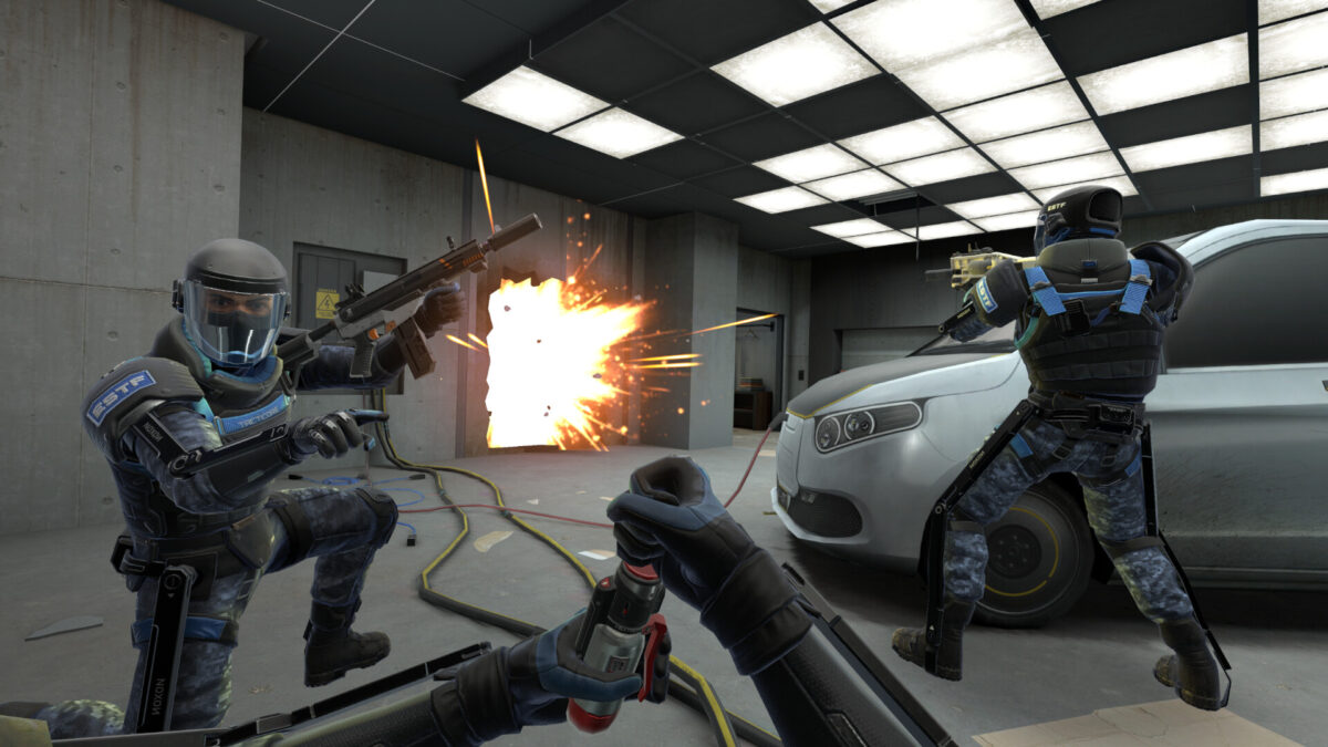 Scene image of the VR shooter "Breachers" shows a special unit blowing up a door in a parking garage.