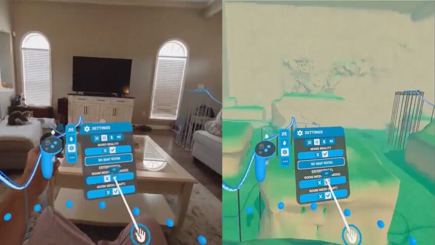 The pass-through image of an apartment on the left and the VR version on the right.