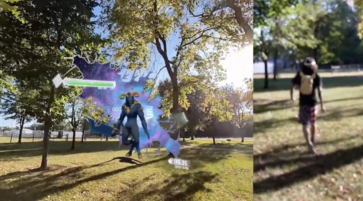 A man is playing with Quest 3 in a park and sees an AR opponent in front of him.