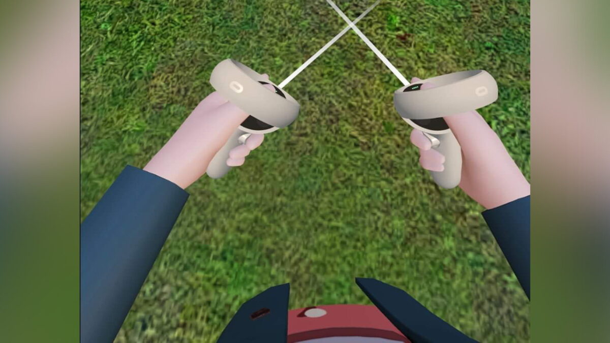 View perspective of a VR user looking down at himself and seeing his own avatar body including hands.