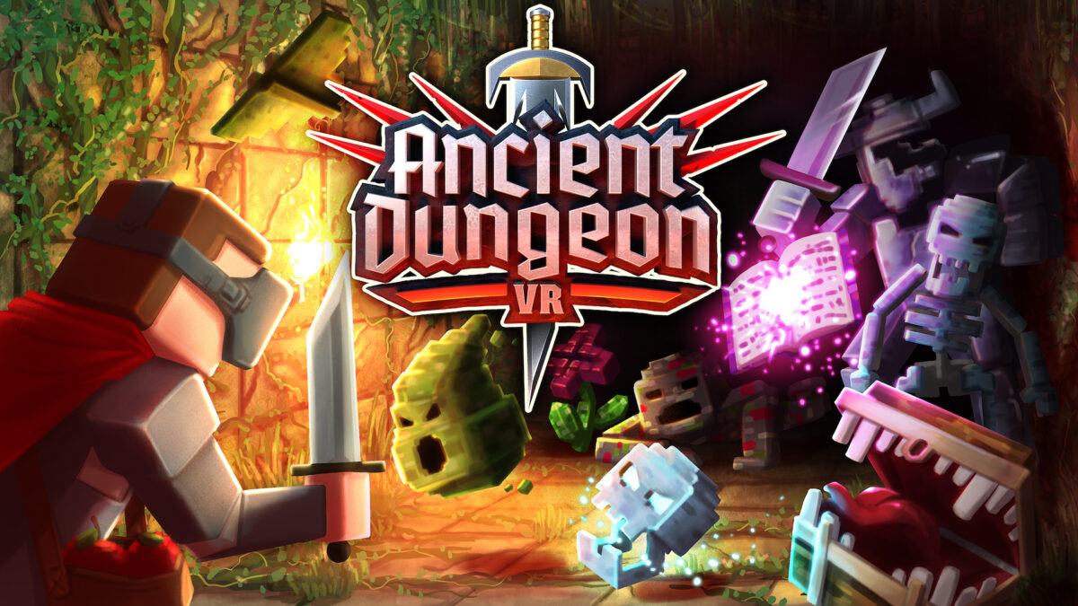 Artwork with player character and various fantasy opponents streaming out of a dungeon.