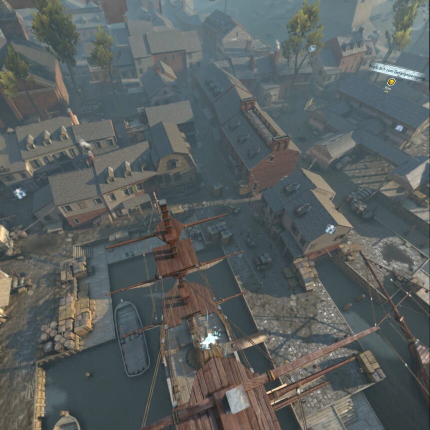 Bird's-eye view in Animus scout mode from an old English warship in the VR game Assassin's Creed Nexus