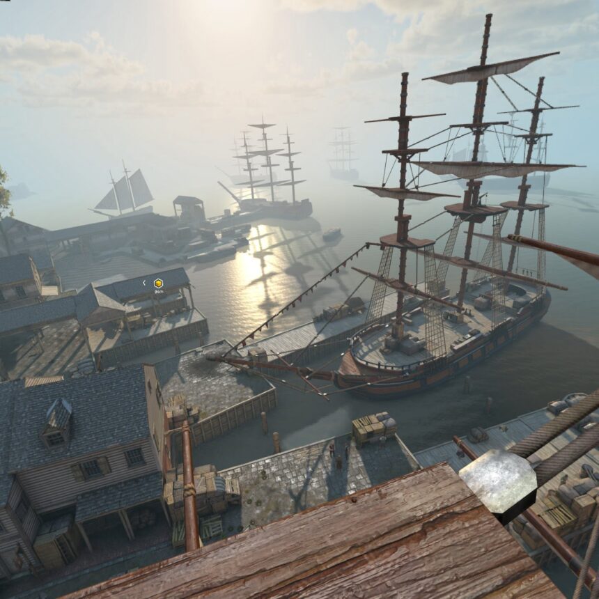 View over the harbor with English warships in the VR game Assassin's Creed Nexus