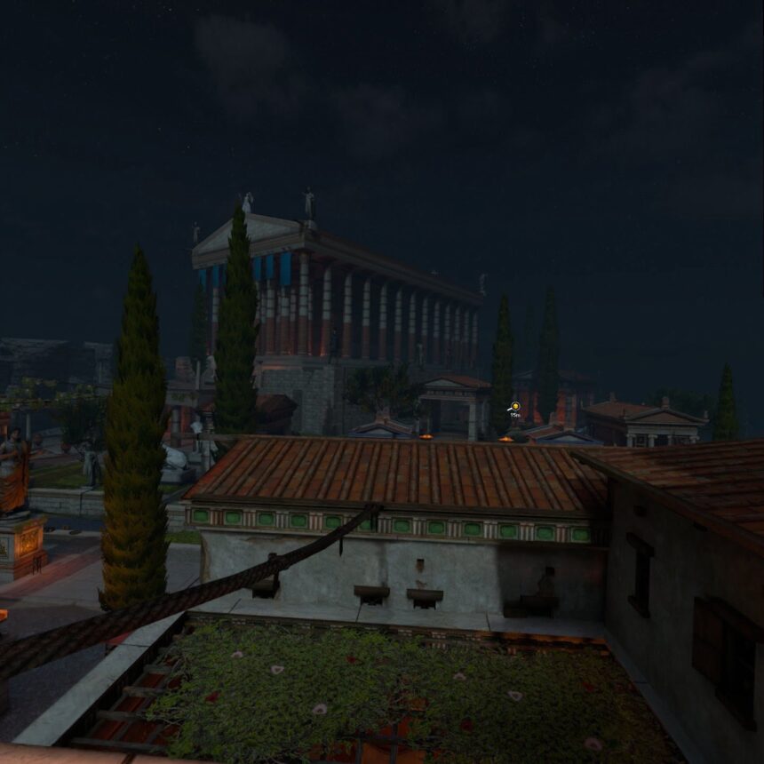 View of the house and temple from Demos in the VR game Assassin's Creed Nexus