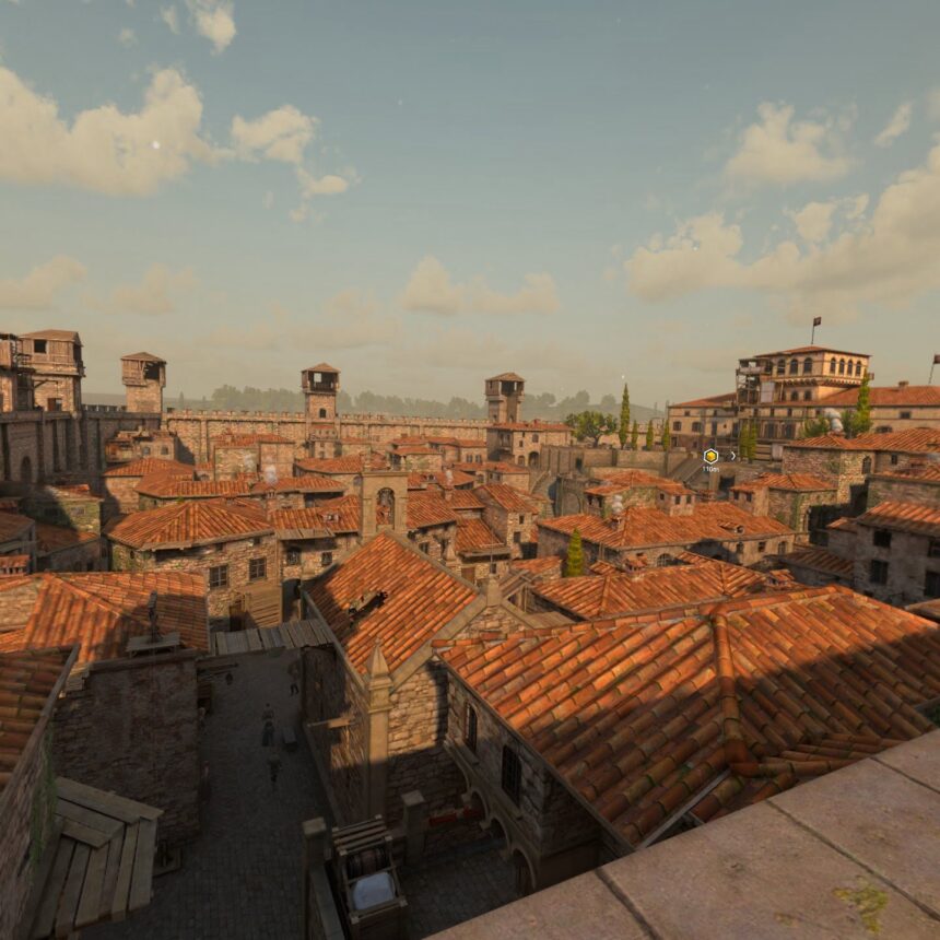 View over the Italian town of Montereggioni in the VR game Assassin's Creed Nexus