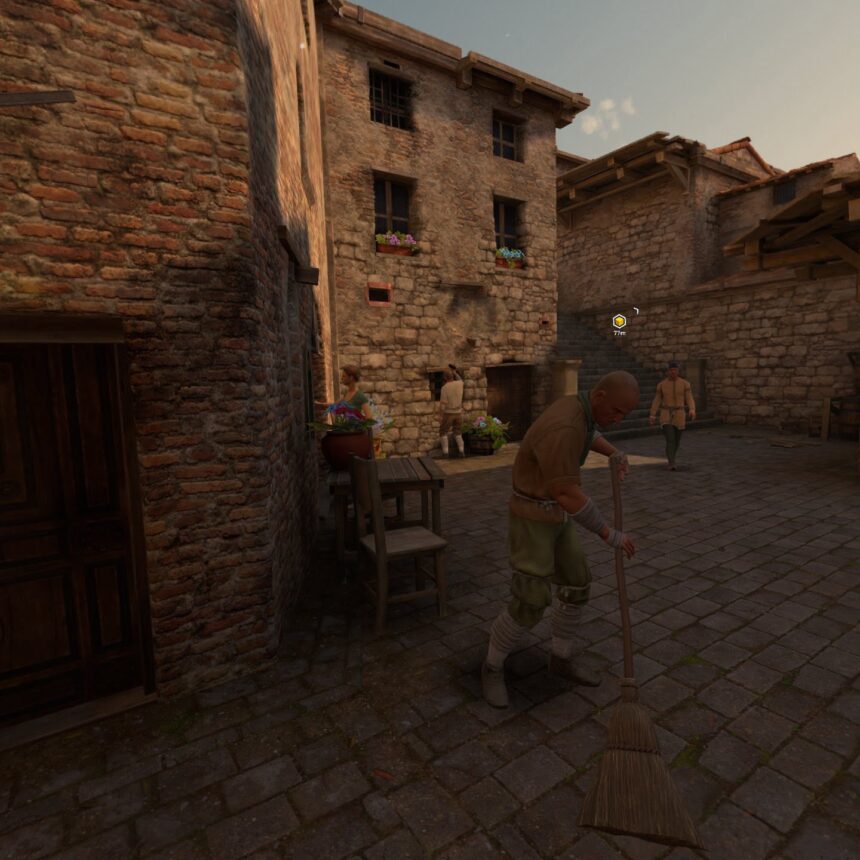 NPCs in the streets of Montereggioni in the VR game Assassin's Creed Nexus