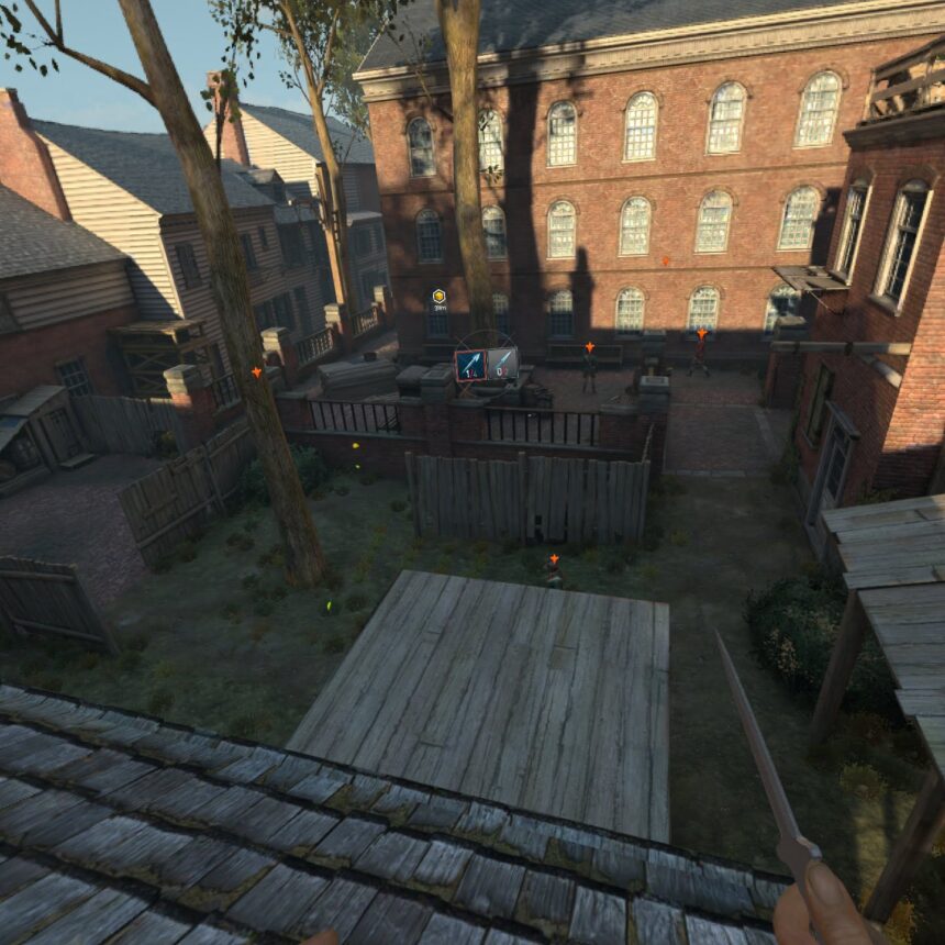 View of enemies from a rooftop, Connor holds a throwing dagger in his hand and the ammunition display in the VR game Assassin's Creed Nexus can be seen in the field of vision