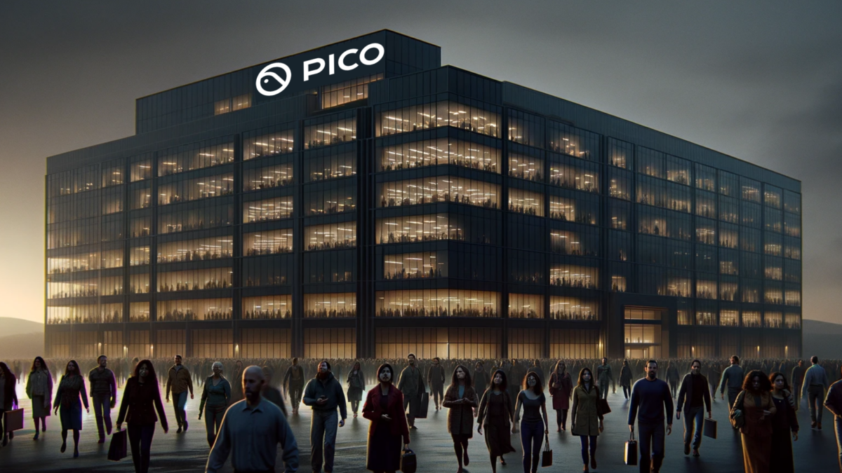Many people leave a large building with illuminated windows, the logo of VR headset manufacturer Pico emblazoned on the top of the building