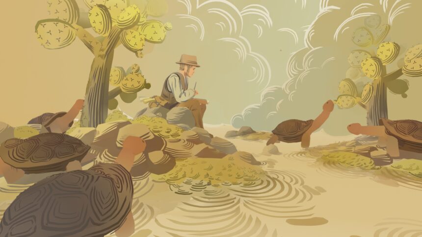 A young Charles Darwin surrounded by Galapagos tortoises, drawn with Quill.