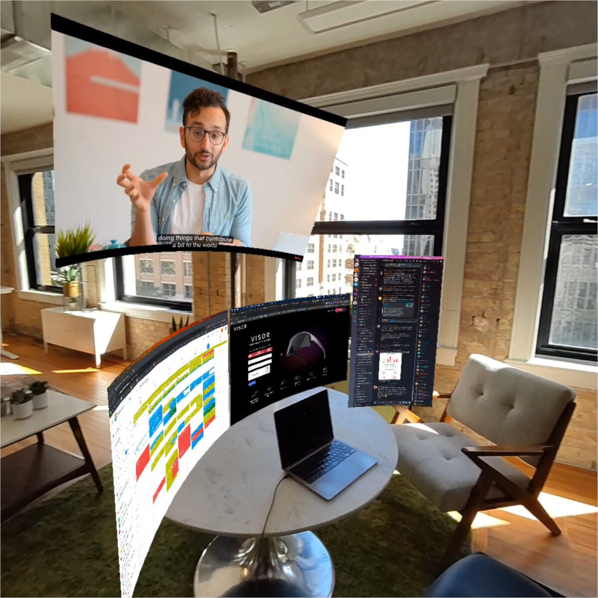 Immersed passthrough view shows multiple virtual screens.
