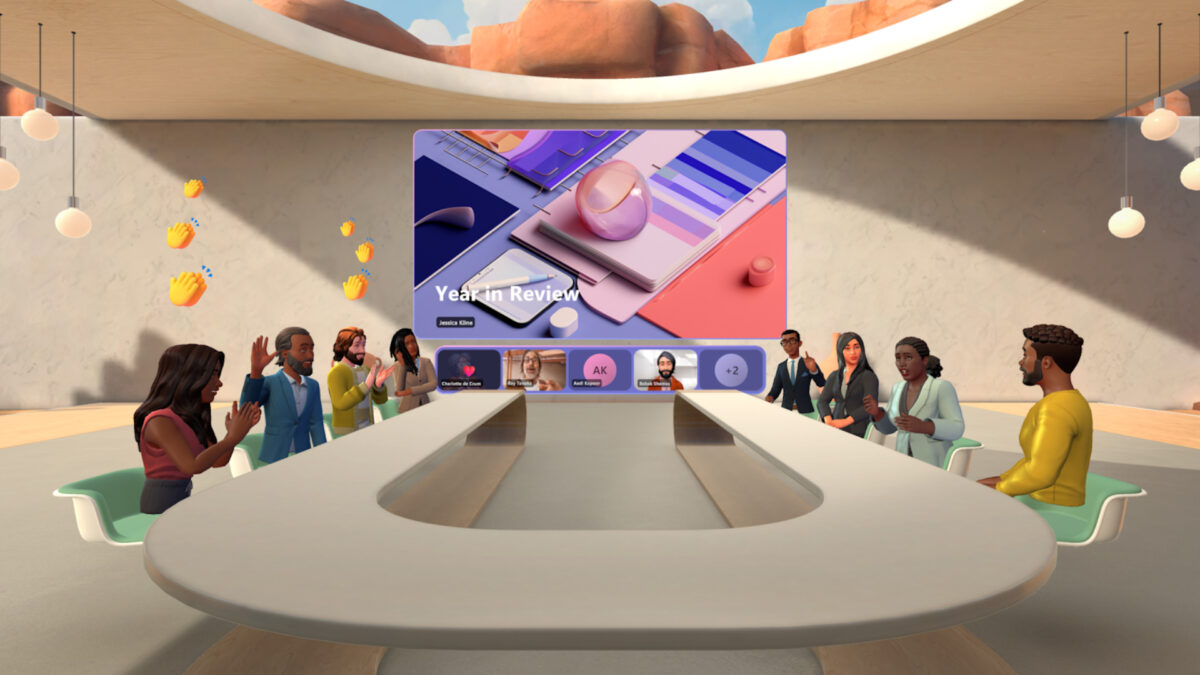 A group of avatars sits at a virtual conference table in Microsoft Mesh.