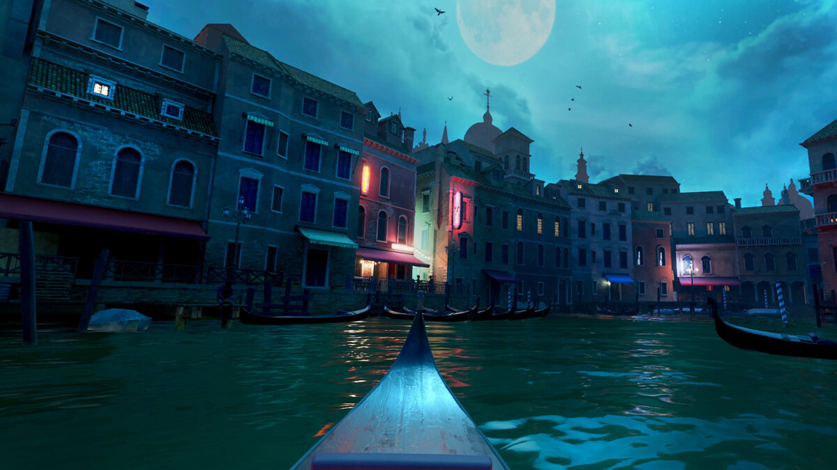 View from a gondola on a Venetian canal during a moonlit night.