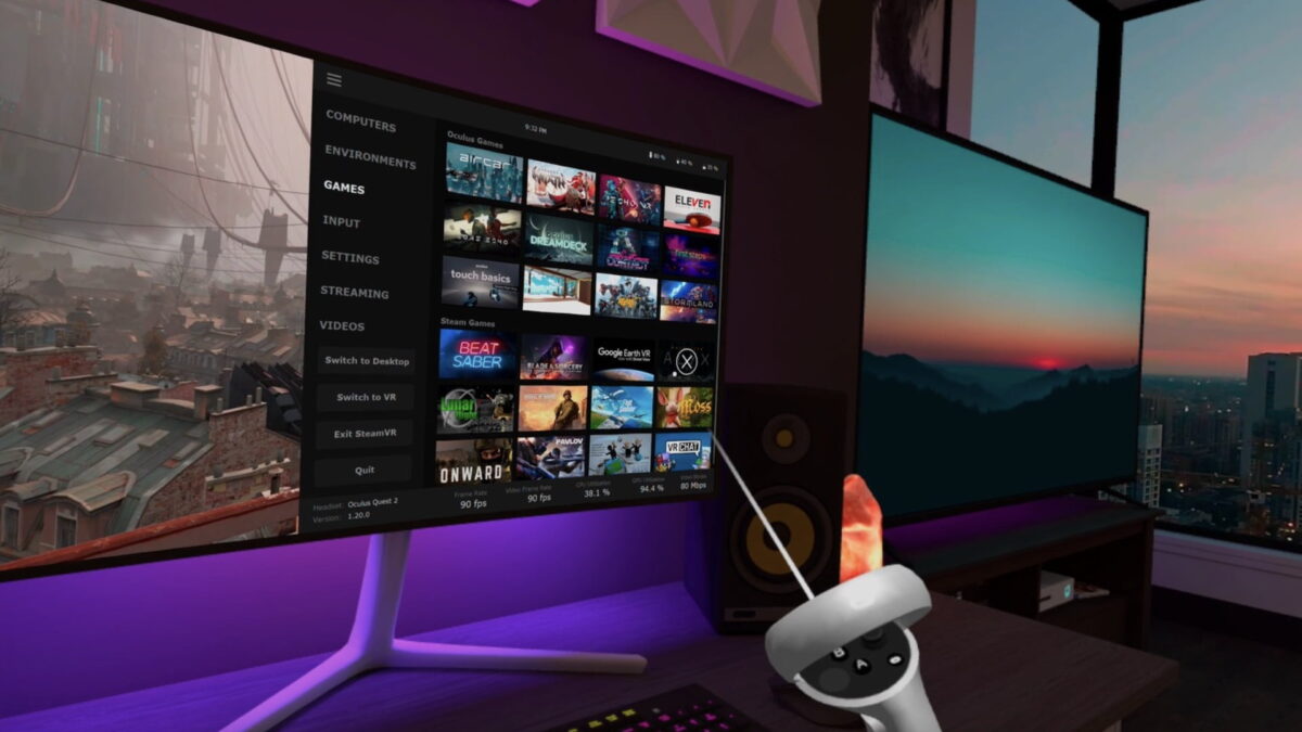 Half-Life: Alyx and virtual desktop menu on a virtual monitor in a virtual apartment.