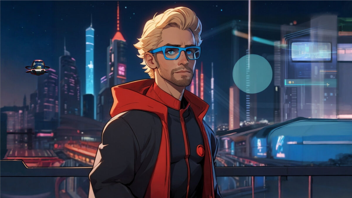 An AI rendering of person wearing XR glasses in a futuristic city.