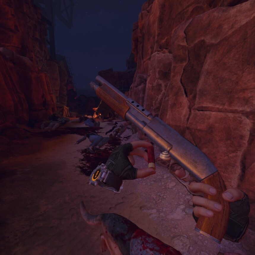 An excerpt from Arizona Sunshine 2, showing the main character reloading a shotgun in the desert.