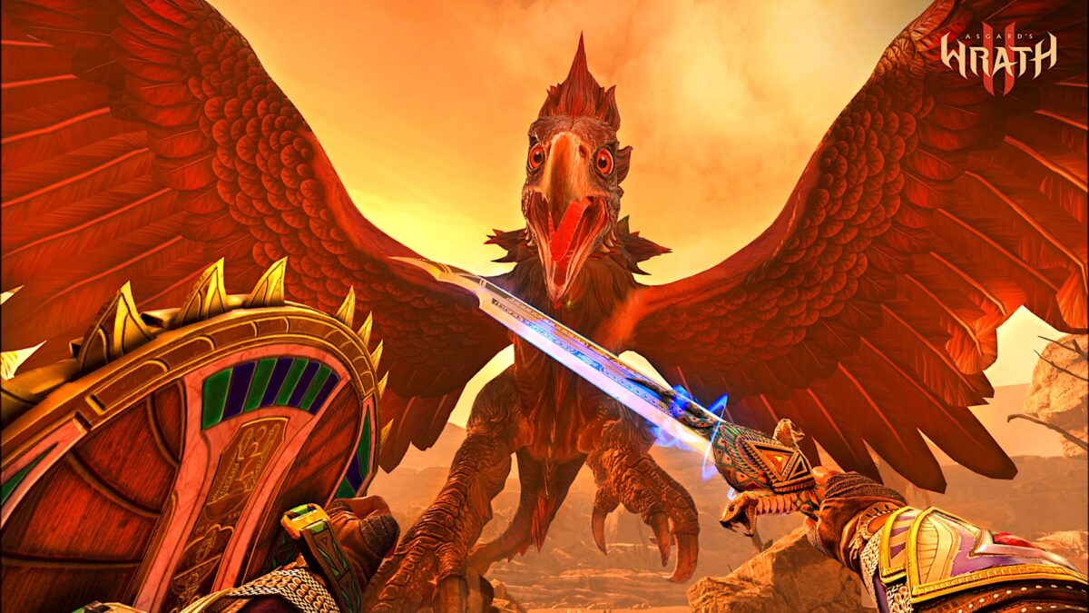 A bird-like creature attacks the player who raises his sword and shield.