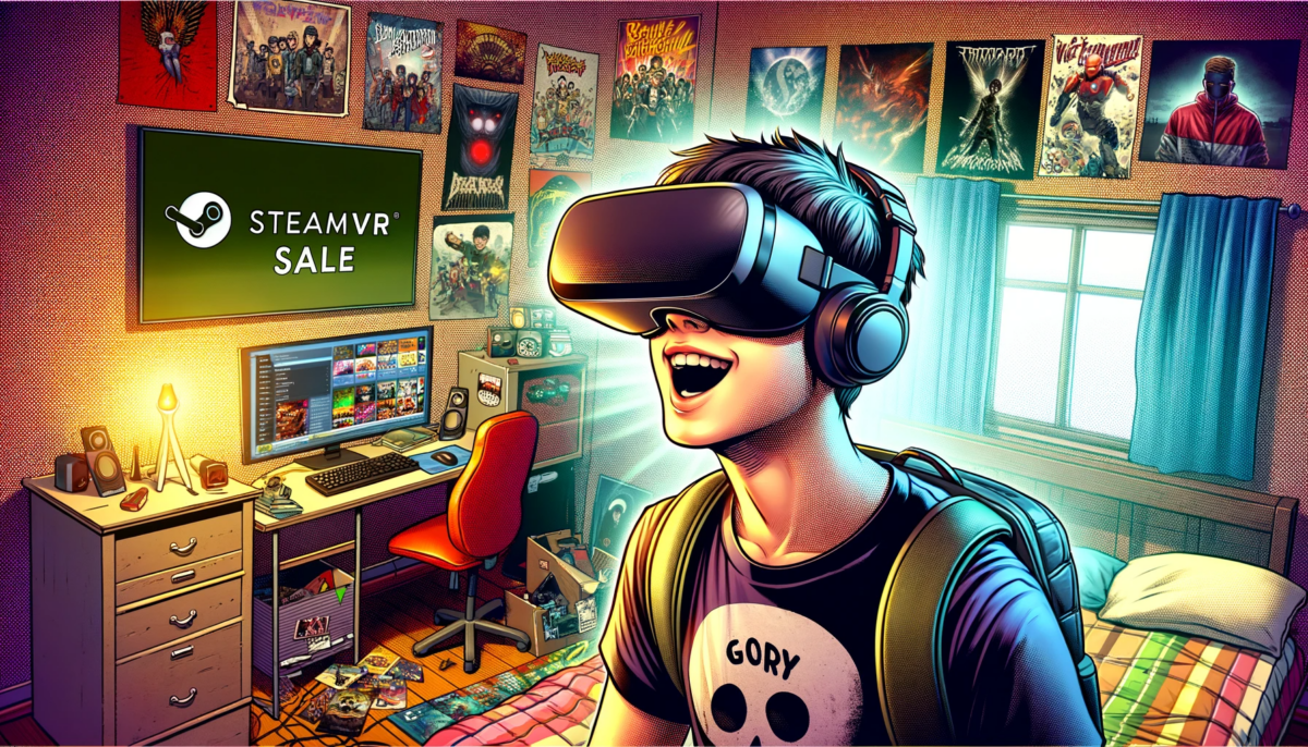 The image in a realistic comic style shows a boy with a VR headset who is enjoying a sale on the VR platform SteamVR, where hundreds of games are available at greatly reduced prices.